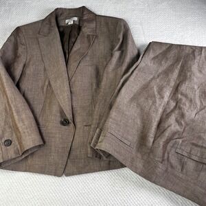 Ann Taylor Loft Brown Linen Rayon Pant Suit Set Blazer Trousers Size 12